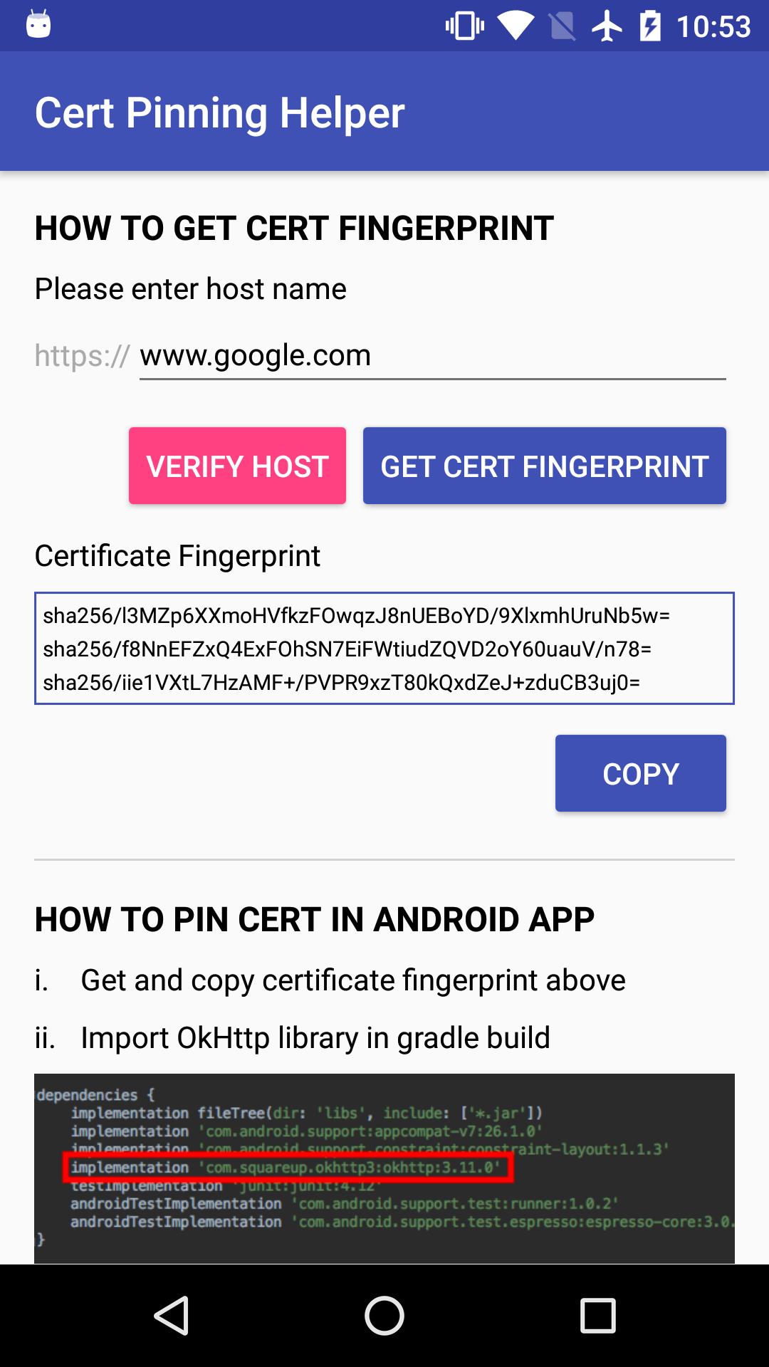 Certificate Pinning Helper